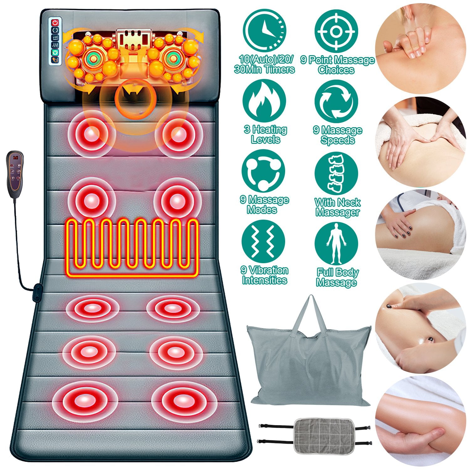 Full Body Electric Massage Mat With Heat Vibration Massage Pad Cushion Back Massage Mattress Chair Pad With Neck Massage Pillow With 10 Vibration Motors Timer Anti-Slip Bottom