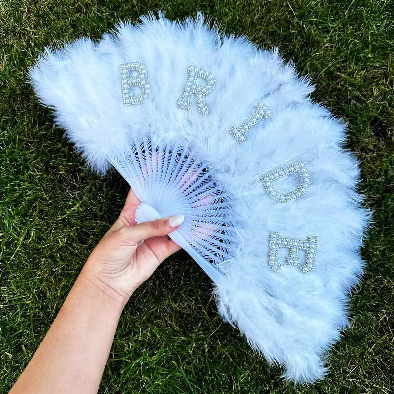 Bride Feather Fan Pearl Bride White Bridal Feather Folding Fan