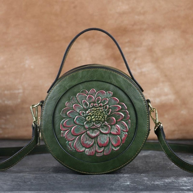 Vintage Embossed Small Round Bag, Shoulder Messenger Bag, Zipper Large-Capacity Handbag