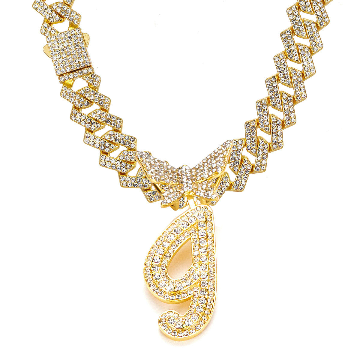 English Letter Alloy Rhinestone Pendant Necklace Butterfly