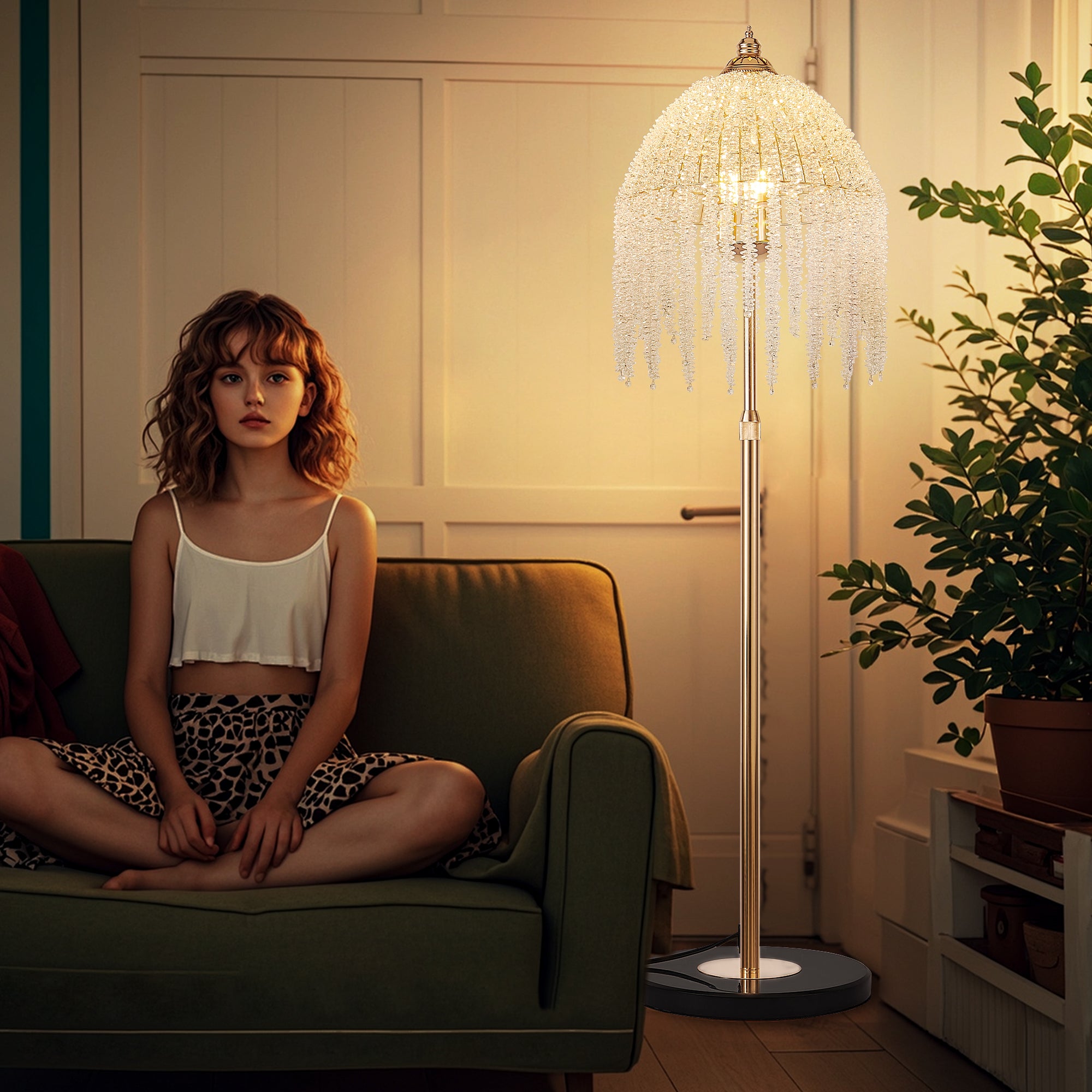 3-Light Elegant Crystal Floor Lamp Vintage Waterfall Design With Cascading Crystal Beads And Marble Texture Base For Living Room, Bedroom, Or Office Bulb Not Included