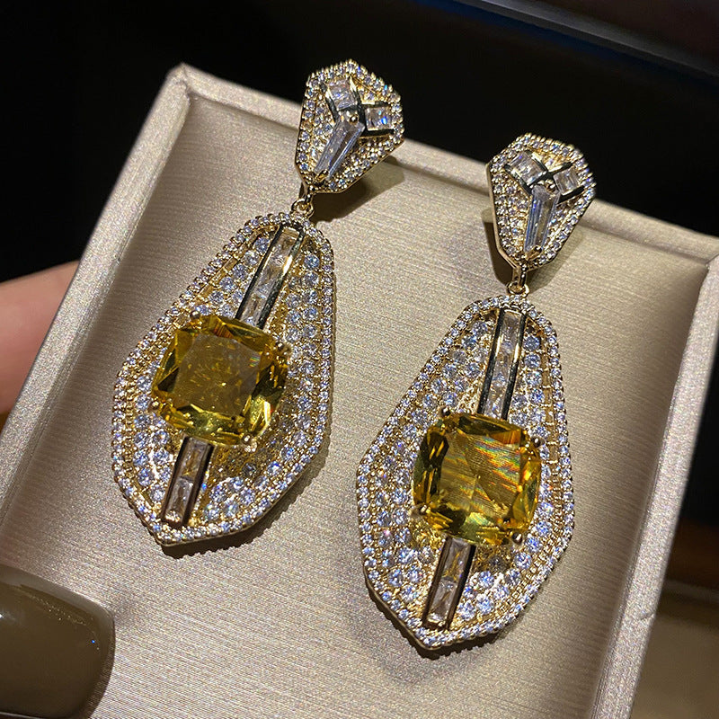 Yellow Diamond Earrings Silver Needle Evening Dress Bagels