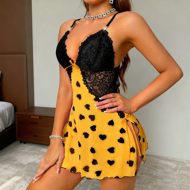 Valentines Day Heart-Printed Sheer-Soft Nightgown Camisole Dress