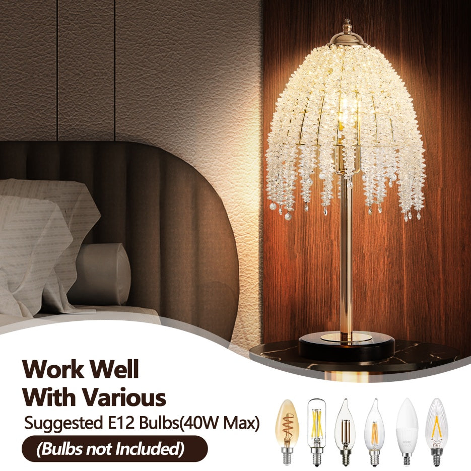 19inch H Elegant Crystal Table Lamp Vintage Waterfall Design With Crystal Bead String Shades And Marble Textured Base For Living Room, Bedroom, Or Office Bulb Not Included