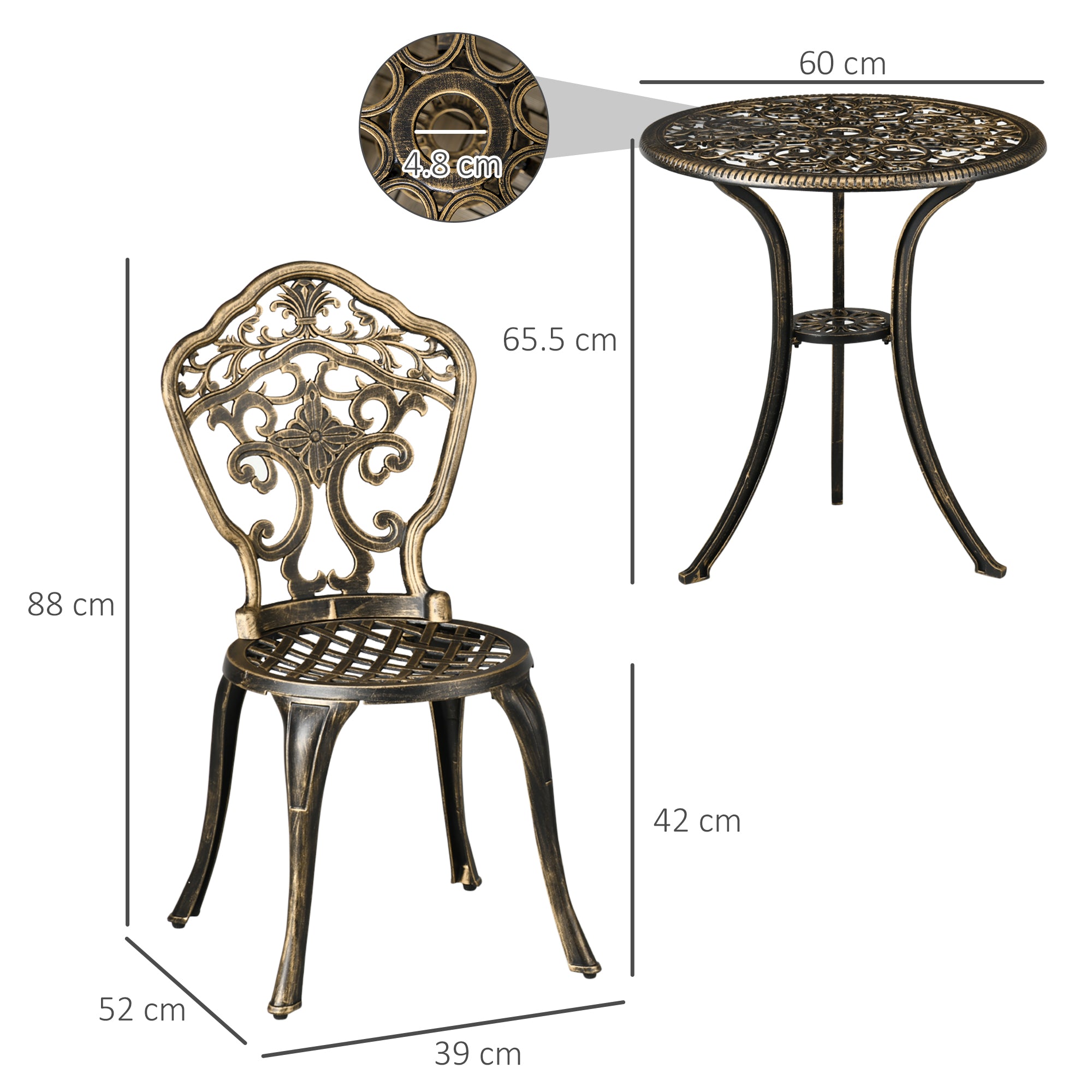 3 Piece Cast Aluminium Garden Bistro Set For 2 With Parasol Hole, Outdoor Coffee Table Set, Two Armless Chairs And Round Coffee Table For Balcony, Patio, Bronze
