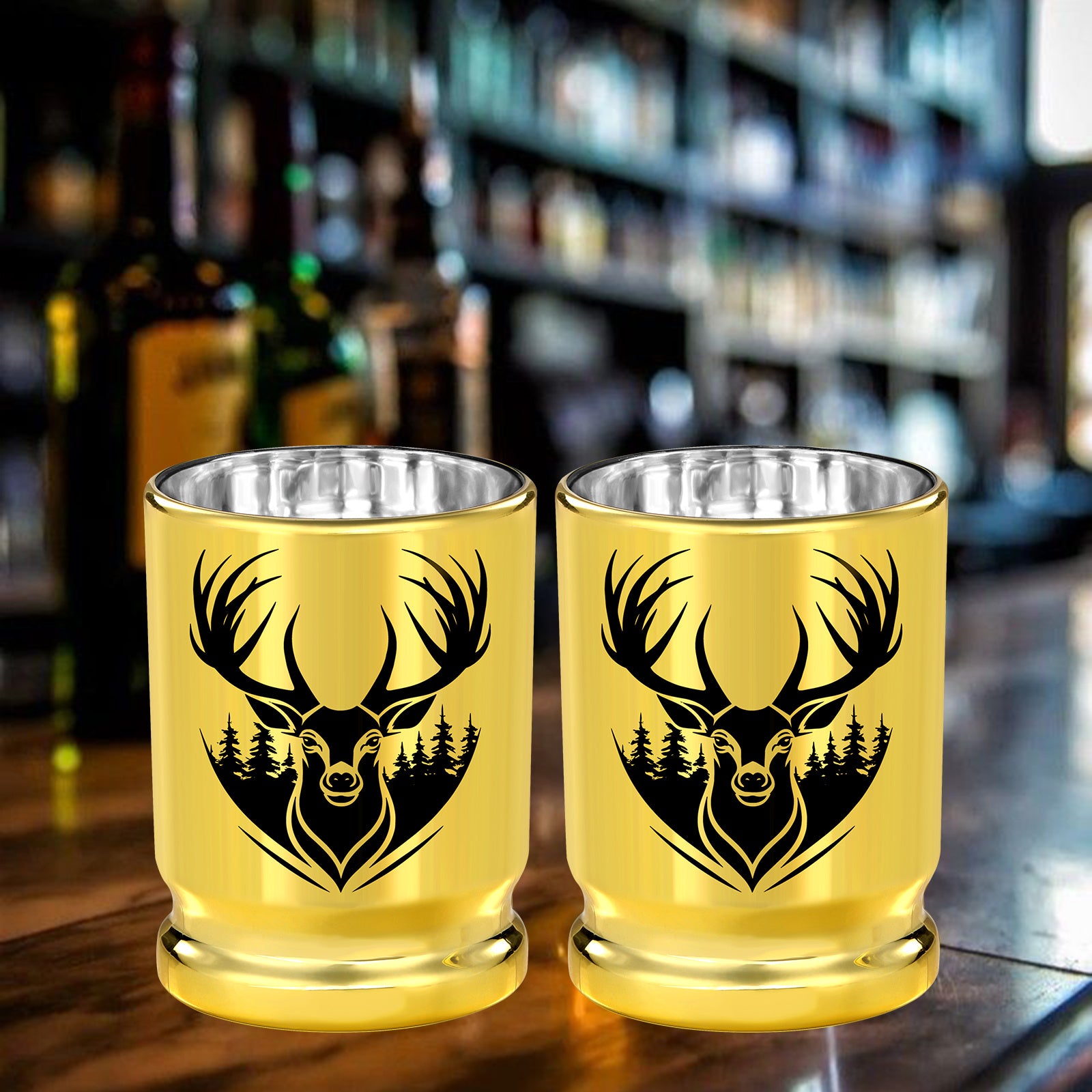 2pcs 50 Caliber Deer Head Golden Plastic Wine Glasses With Gift Box - Leak Proof, Reusable - Stylish Animal Print Design, Suitable For Whiskey, Tequila, Etc