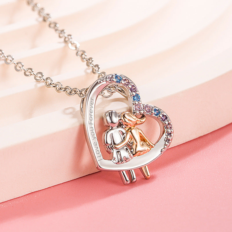 Love Couple Necklace With Colorful Rhinestones Fashion Creative Heart-Shaped Necklace For Valentine's Day Gift