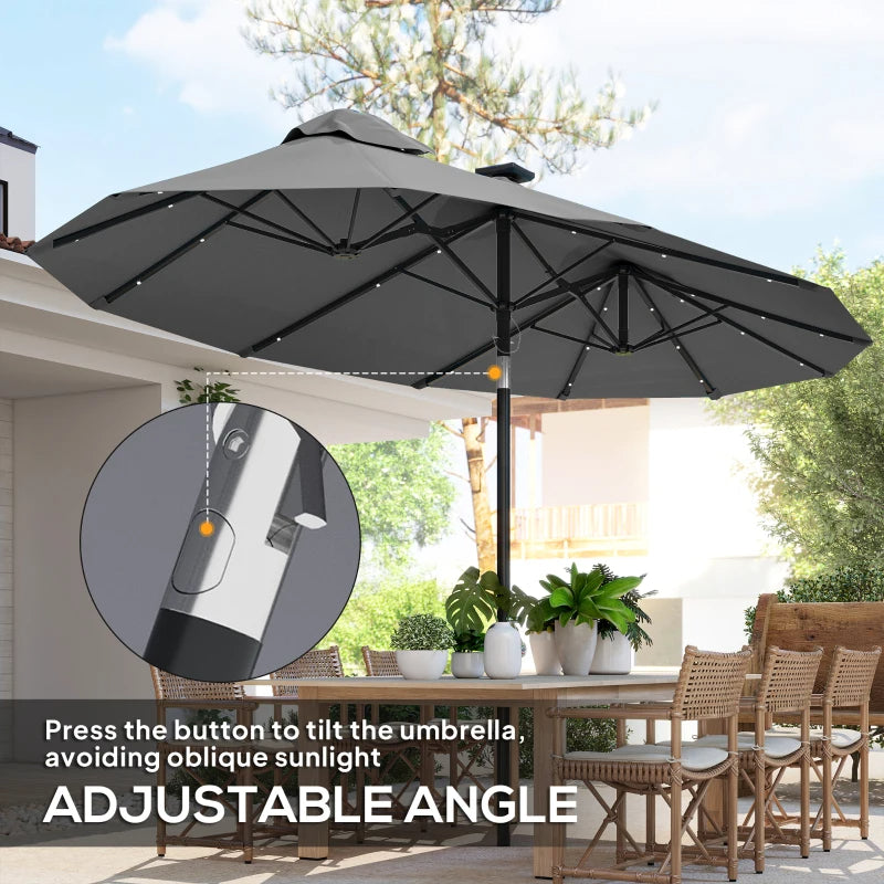 Double-sided Patio Umbrella, 9.7' Outdoor Umbrella With Tilt And Crank, LED Solar Light And 12 Ribs, Gray