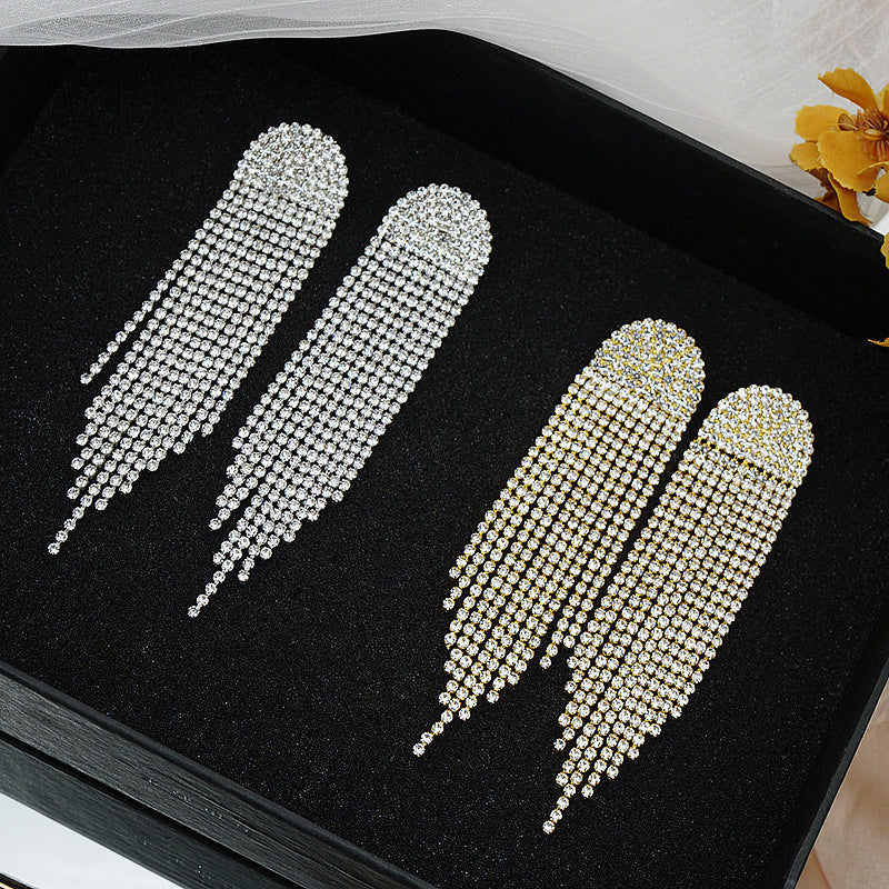 Exaggerated Full Drill Stud Earrings With Extra Long Tassel Rhinestones