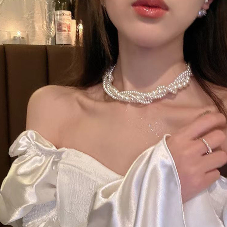 New Rhinestone Pearl Tassel Double-Layer Necklace