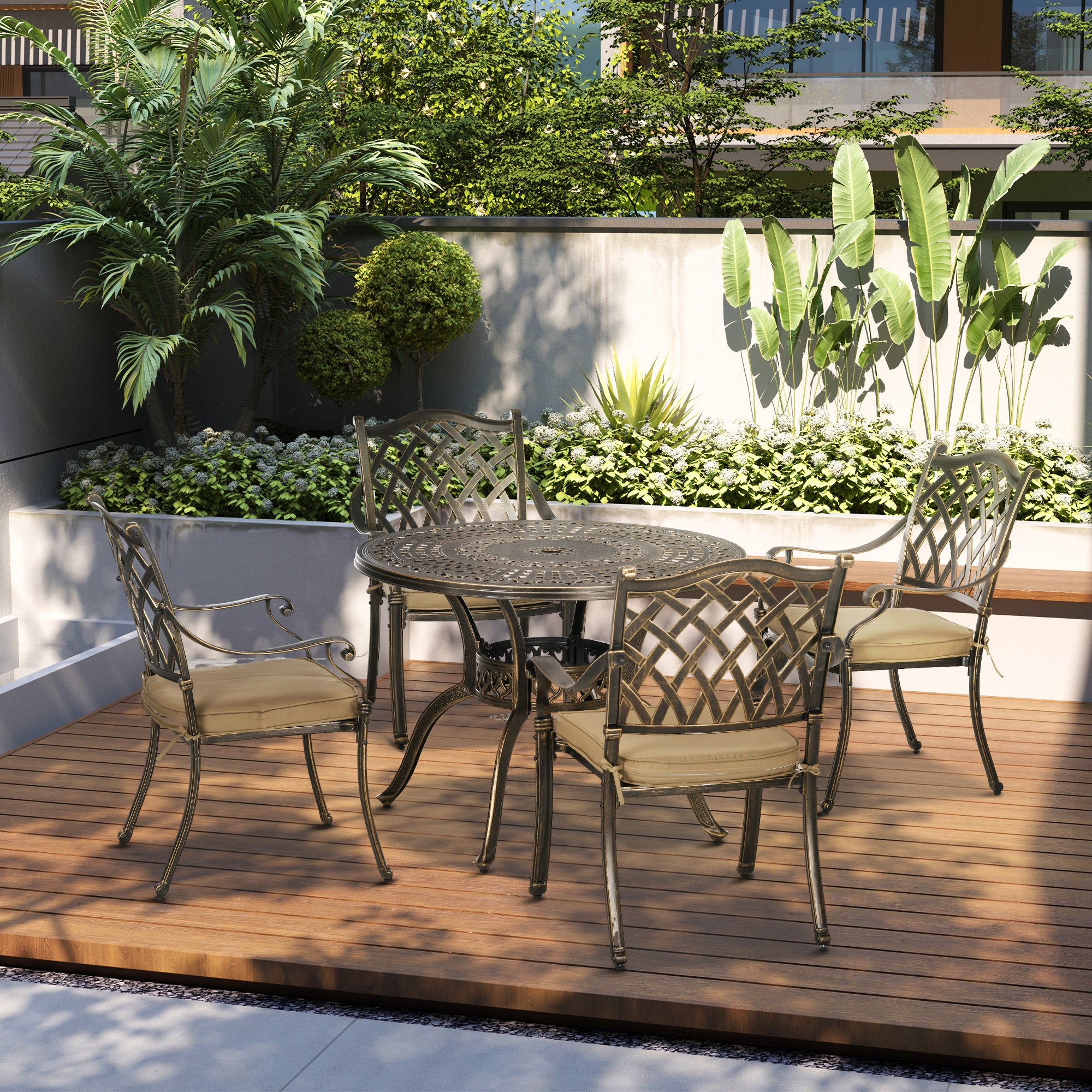 4 Seater Outdoor Dining Set Antique Cast Aluminium Garden Furniture Set With Cushions Round Dining Table With Parasol Hole, Bronze