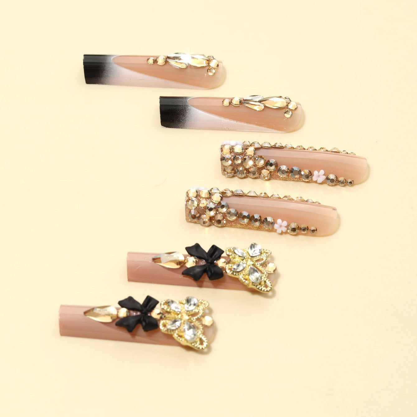 Rectangular Black French-Style Three-Dimensional Butterfly Detachable Fake Nails