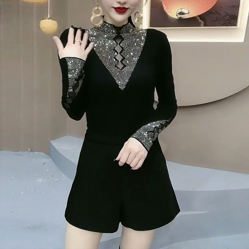 Women's Temperament Fashion Hollow Mesh Stitching Diamond Encrusted Top