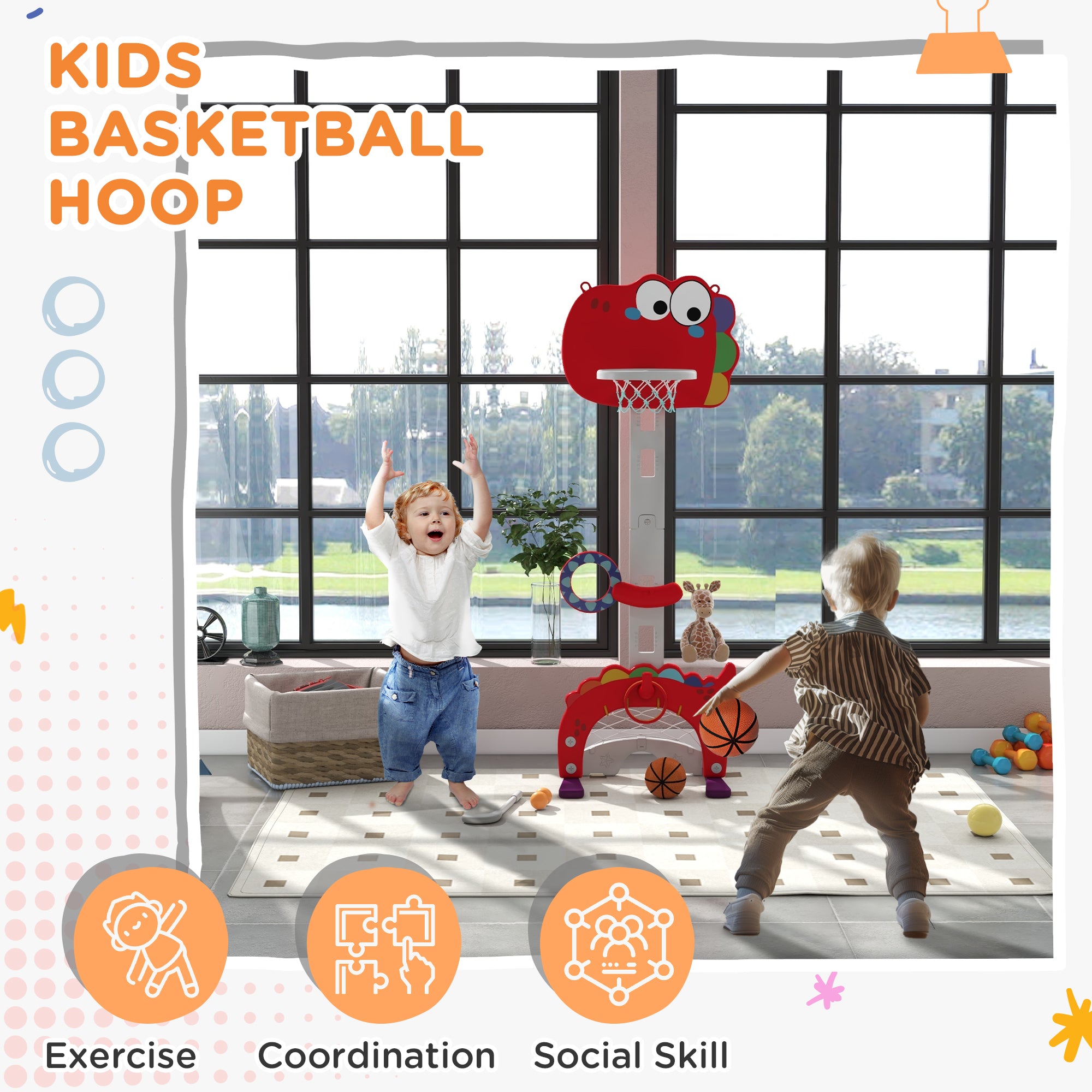 Adjustable Height 4.4-5 ft Kids Basketball Hoop, 5 in 1 Design, for Indoor Use, Red