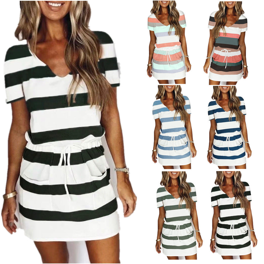 Striped Print Short-Sleeved Dresses Summer Fashion V-Neck Drawstring Design Short Dress Beach Womens Clothing