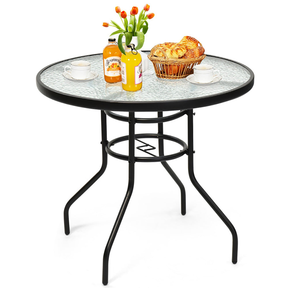 32 Inch Patio Tempered Glass Steel Frame Round Table With Convenient Umbrella Hole