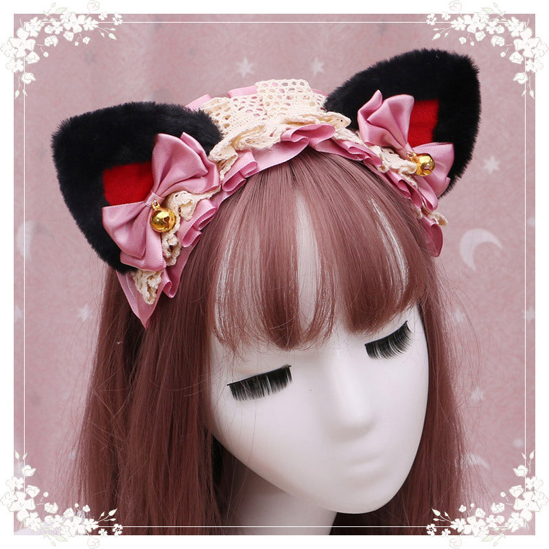 A Lovely Japanese Lolita Hairdress, Catwoman Plush Lolita Headdress, Lace Cat Ear Hair Band