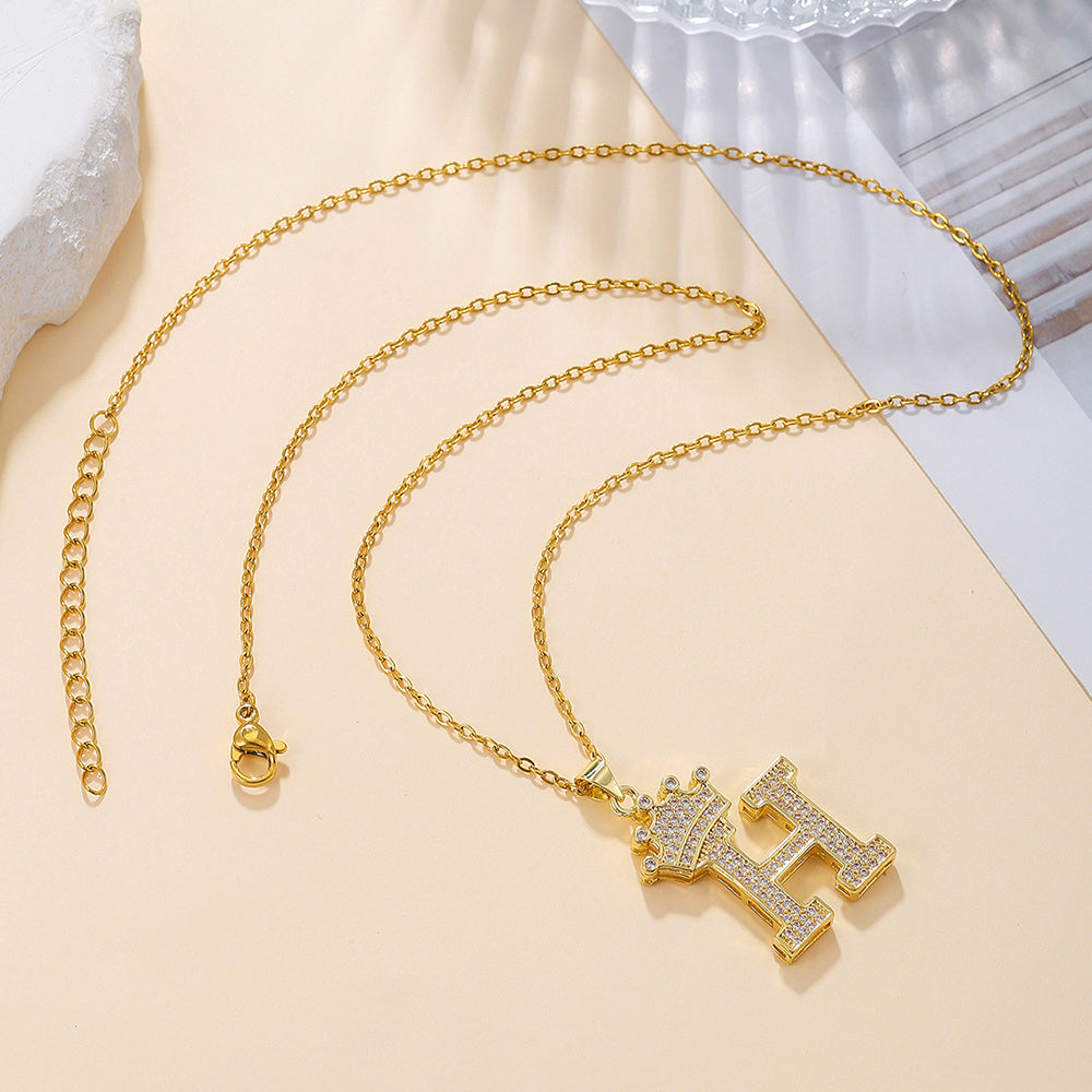 1PCS Fashionable Gold Diamond Crown Uppercase Letter Popular Pendant Necklace, Suitable For Daily Use, Festivals, Parties, Gifts Jewelry Set