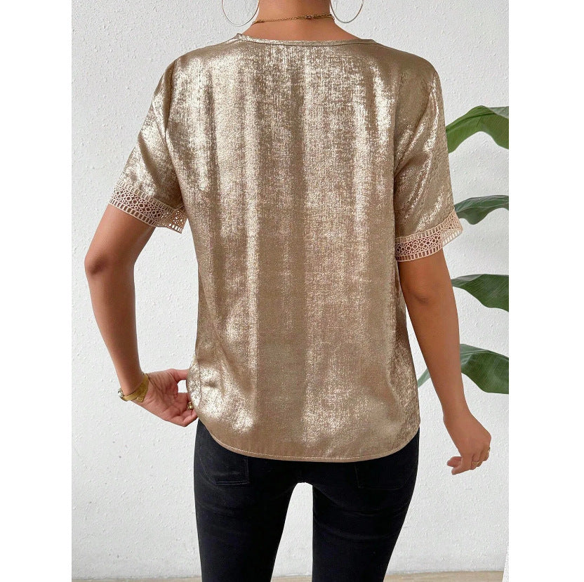 Women's Comfortable Elegant Lace V-Neck Stitching Short Sleeve