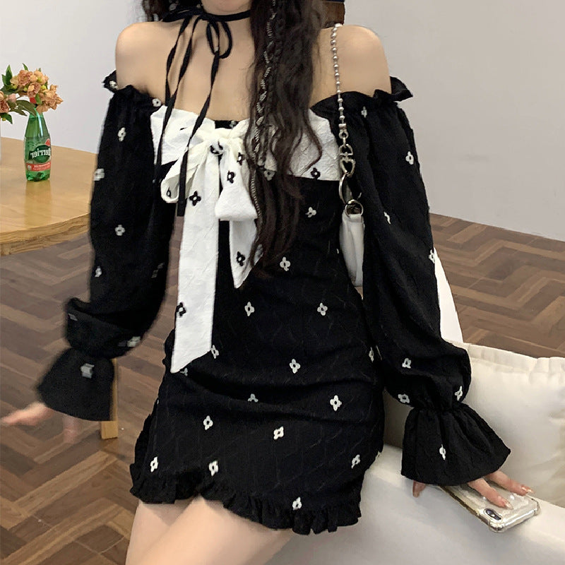 One-Shoulder Bowknot Design High-Waist Chiffon Pullover Long-sleeved A-Line Skirt