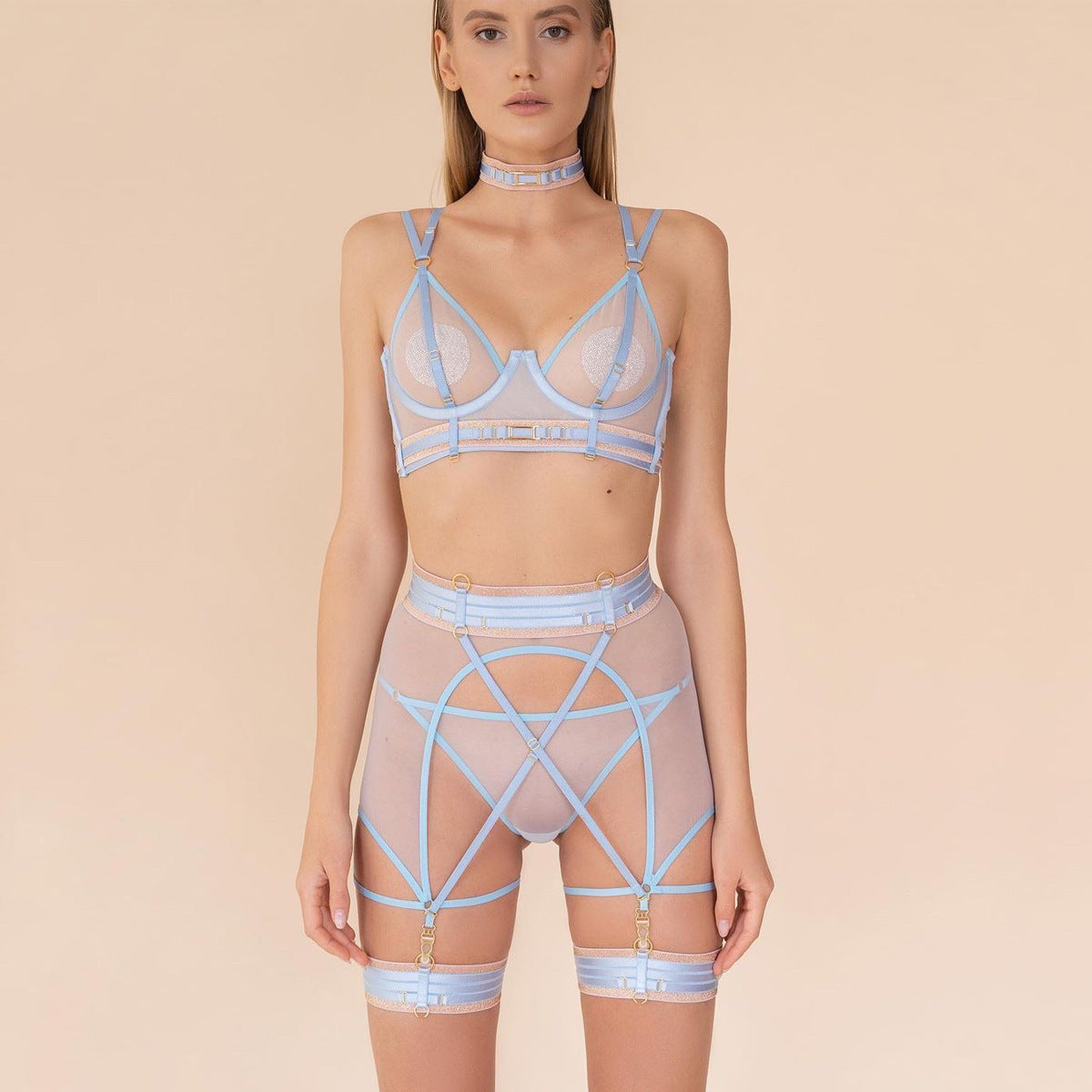 Mesh Stitching Complex Heavy-Duty Halter Leg Ring Set