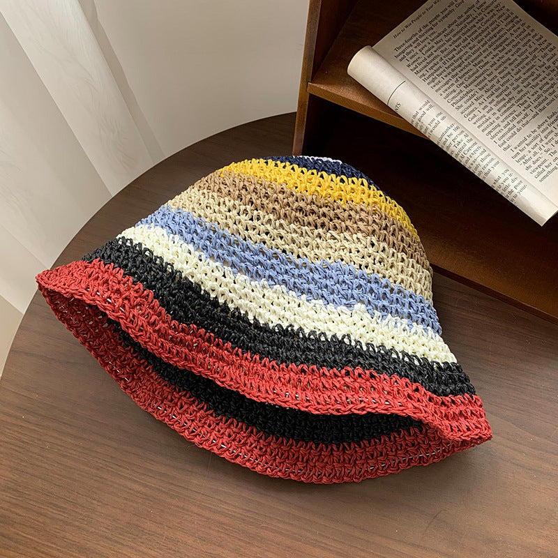 Rainbow Straw Bucket Hat Women's Summer Breathable Sun-Proof Sun Protection