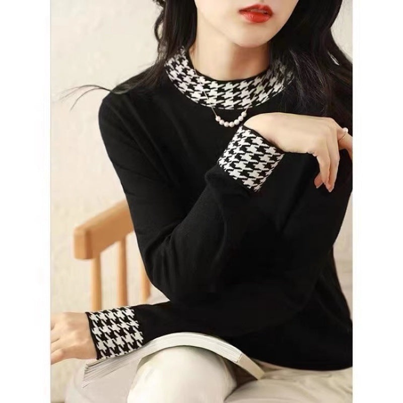 Women's Fashion Houndstooth Stitching Long-Sleeved Sweater