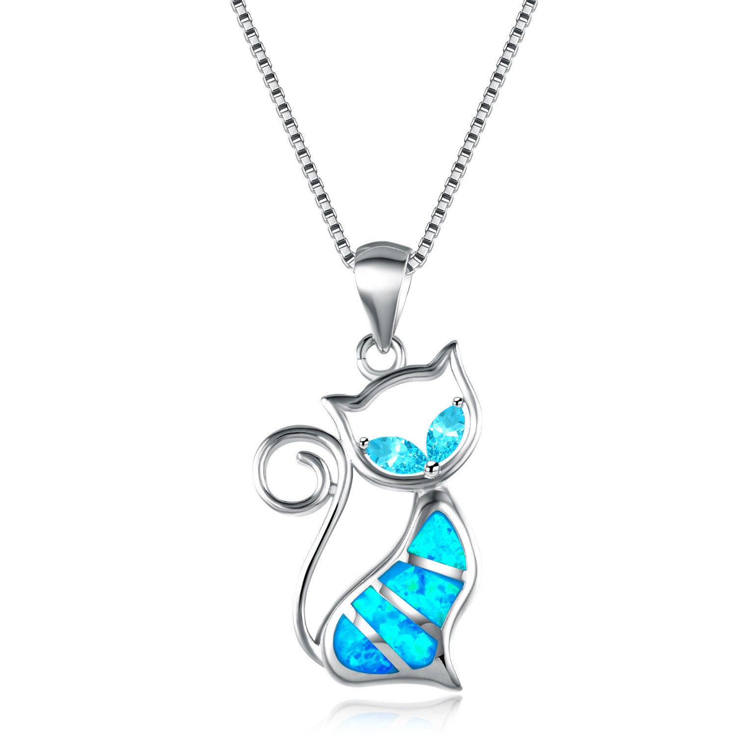 Two Aqua Blue Diamonds + Blue Opal Cat Pendant Necklace