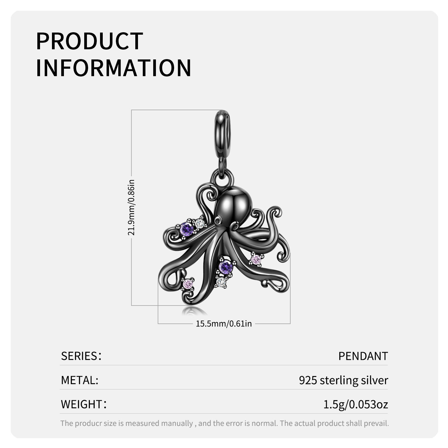 S925 Sterling Silver Electroplated Black Gold Octopus Pendant Necklace