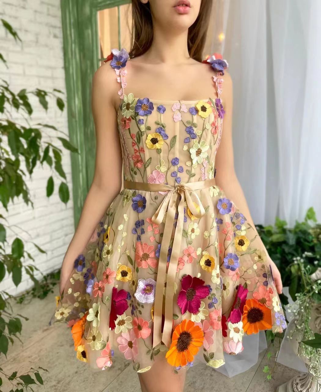 Three-Dimensional Flower Embroidery Dress Summer Fashion Sweet A-Line Suspender Dresses For Womens Clothing