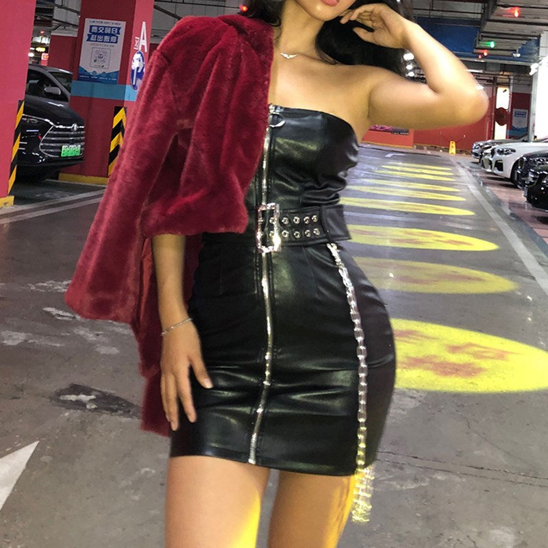 Women's Autumn Wind A Word Shoulder PU Women Dress