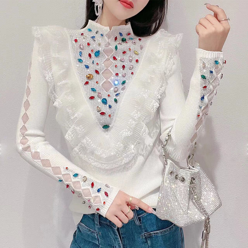 Knitted Sweater Sweet Heavy Industry Hot Diamond Color Top