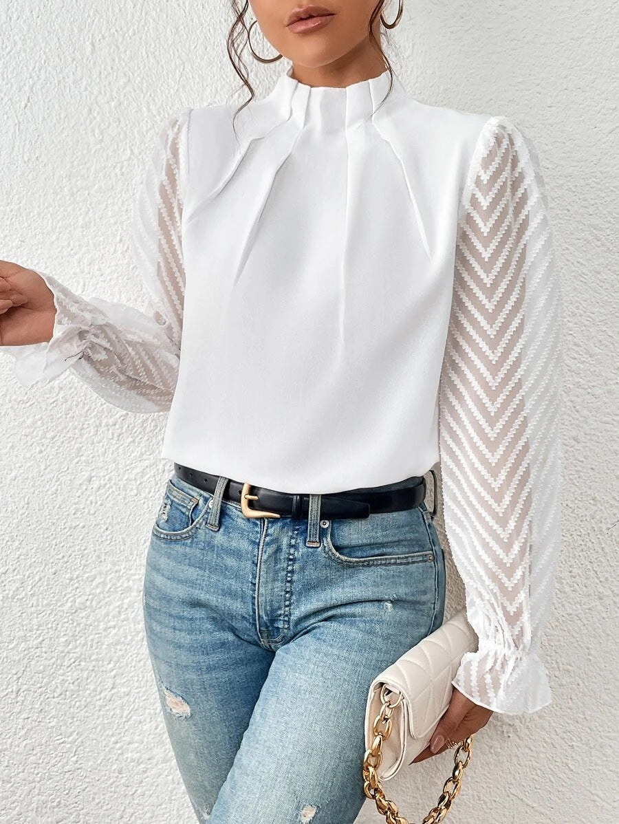 Women's Half-Turtleneck Stitching Wavy Chiffon Long-Sleeved Top