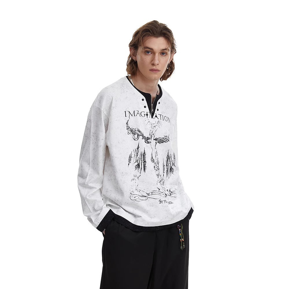 American Retro Punk Printed Pearl Buckle Fake Two-Piece Long Sleeve