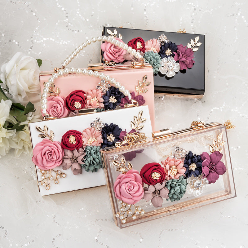Pearl Hand Chain Pink Flower Thick Chain Bag