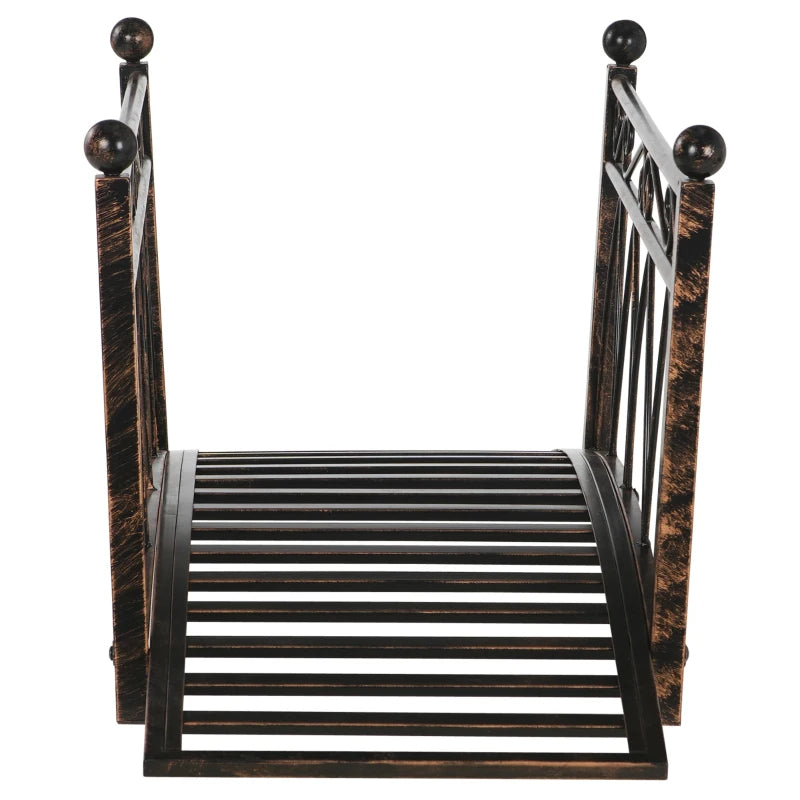 Metal Arch Zen Garden Bridge With Safety Siderails, Decorative Footbridge, Delicate Scrollwork & Corner Spheres For Stream, Fish Pond, Bronze