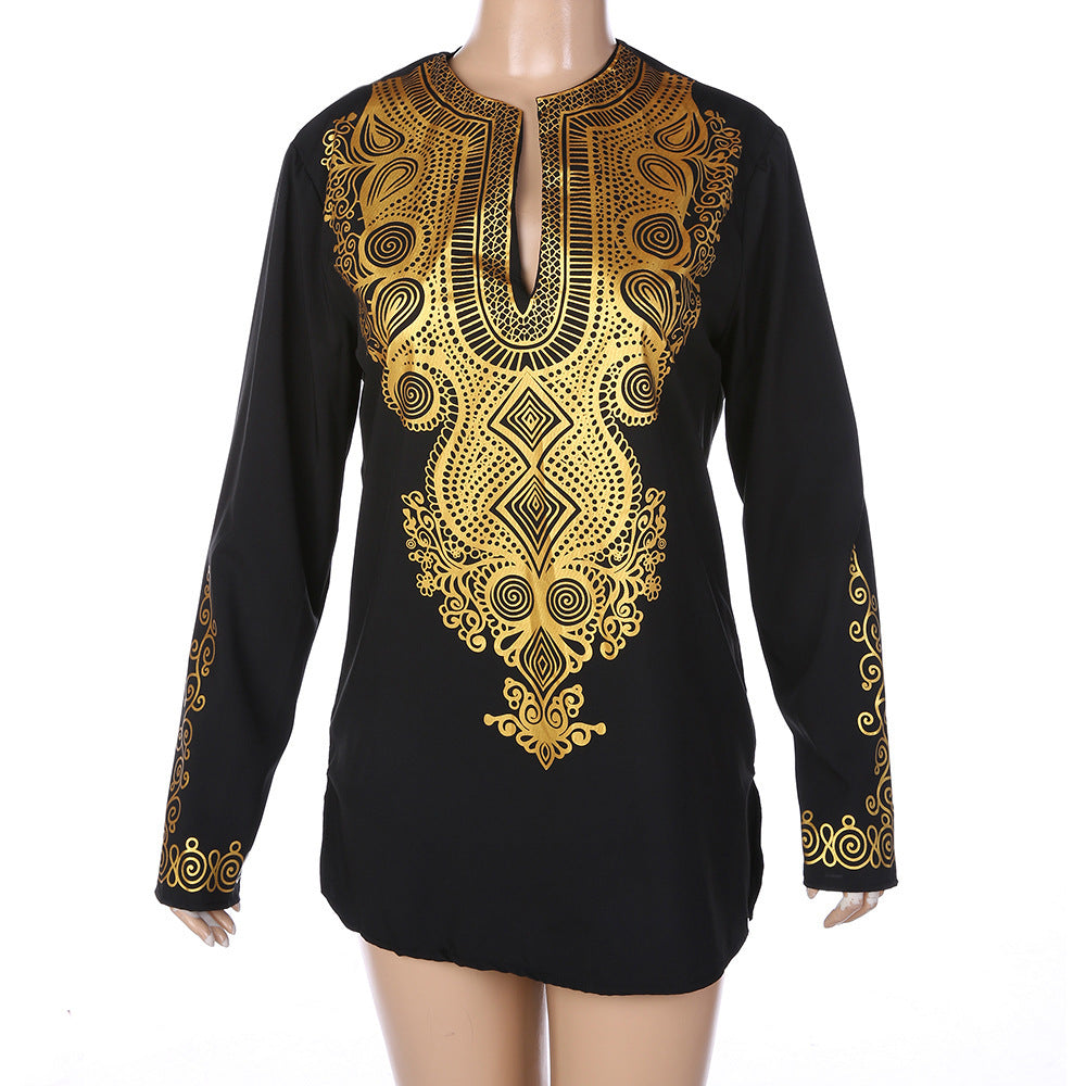African Style Ethnic Print V-Neck Long-Sleeved T-Shirt
