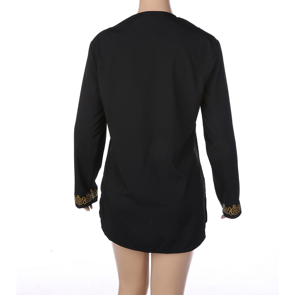 African Style Ethnic Print V-Neck Long-Sleeved T-Shirt