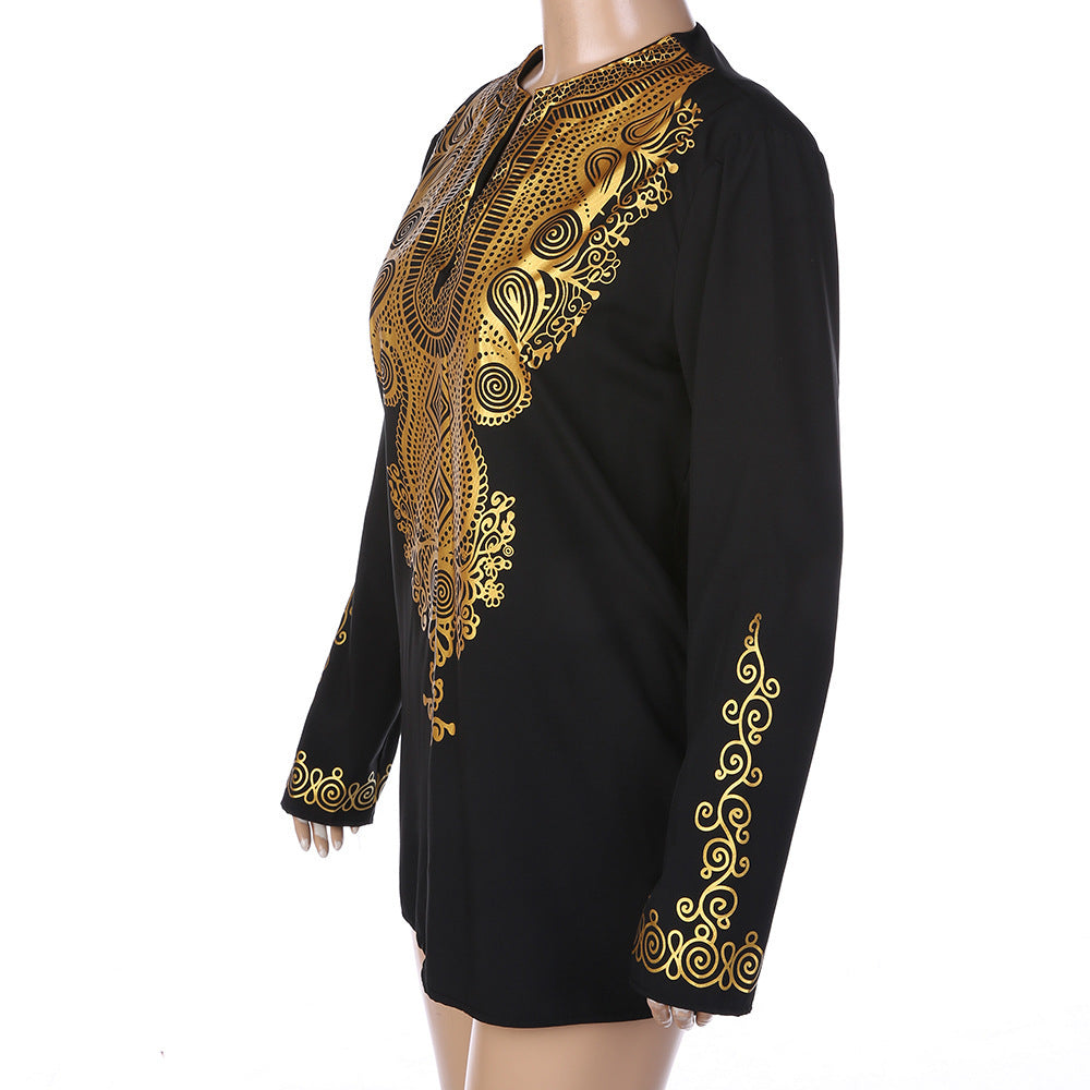 African Style Ethnic Print V-Neck Long-Sleeved T-Shirt