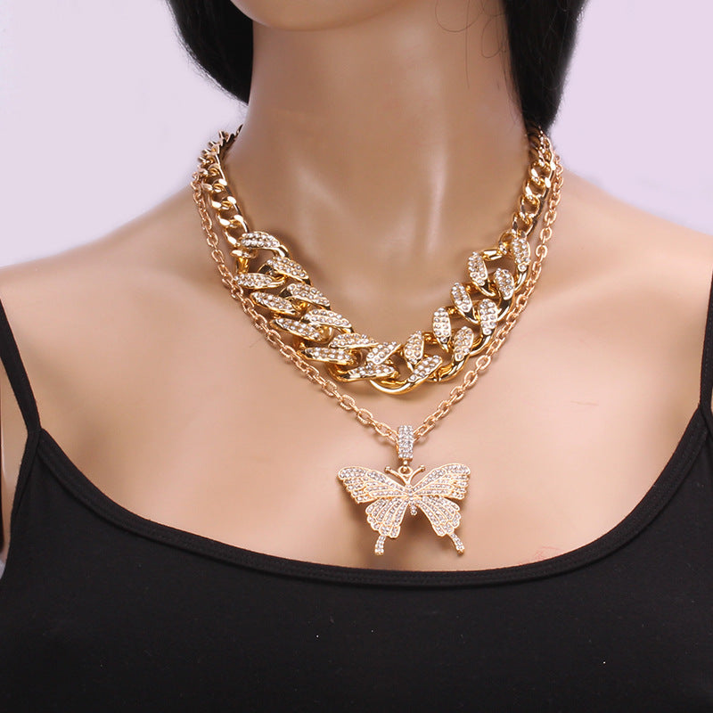 Fashion Diamond Cuban Chain Big Butterfly Necklace