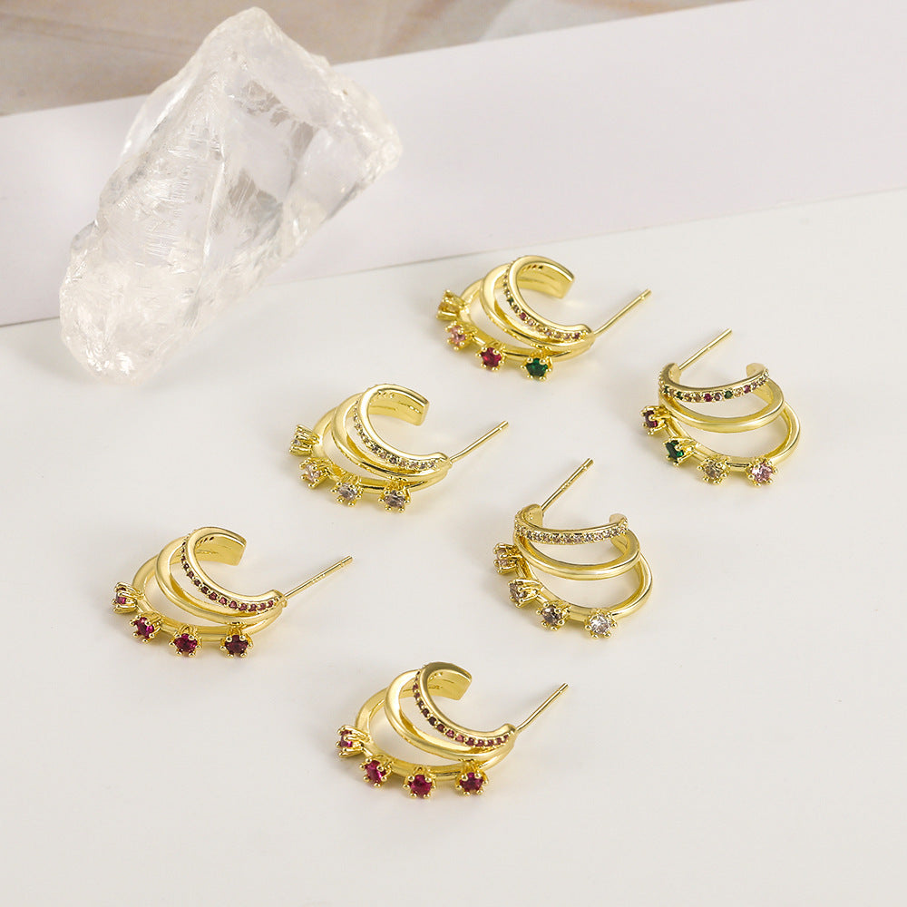 Fashion Three Rings Multilayer Diamond Earrings