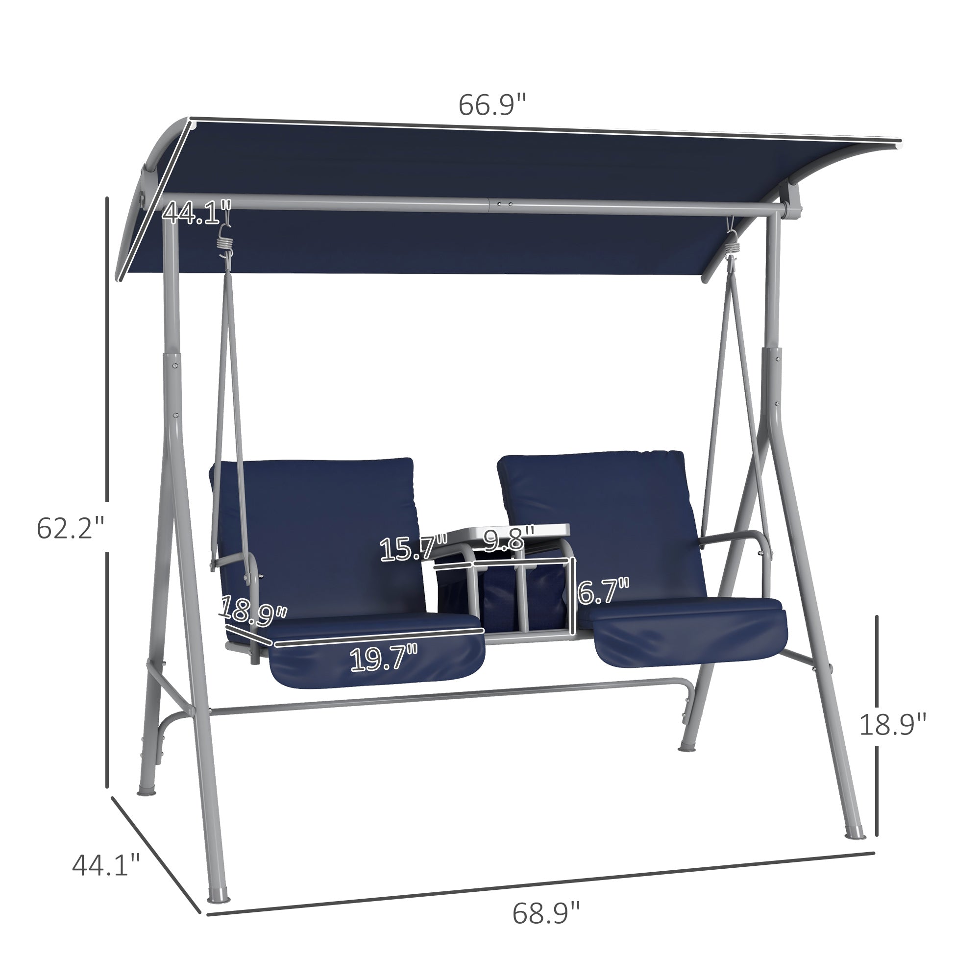 2-Seater Outdoor Porch Swing With Canopy And Table, Patio Swing Chair For Garden, Poolside, Backyard, Dark Blue