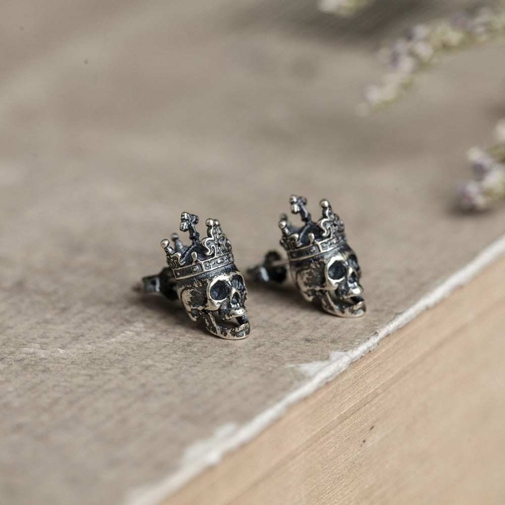 Silver Skull King Crown Vintage Earrings