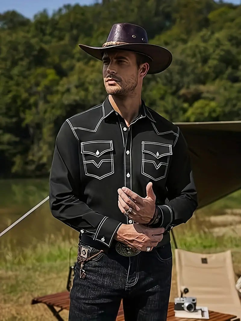 Men's Western Cowboy Casual Oxford Long Sleeve