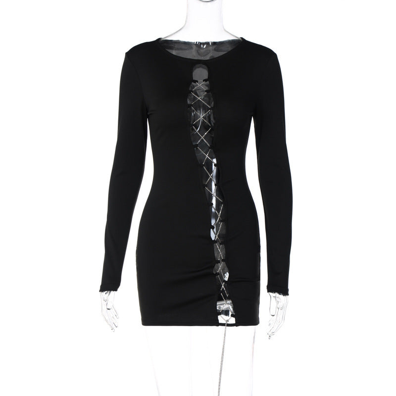 Diamond Chain Stitching Hollowed Out Long-Sleeved Dress For Women