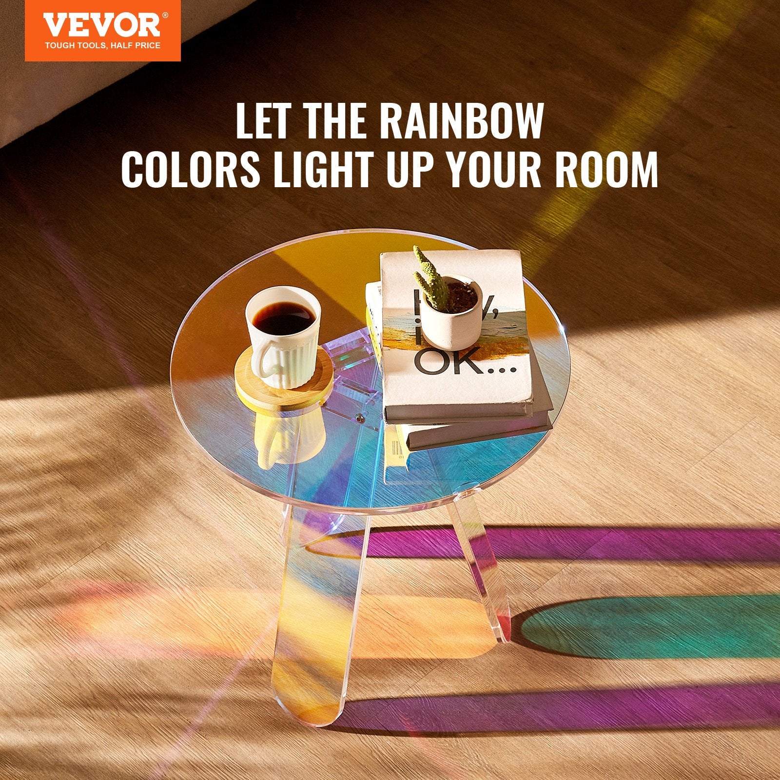 Round Iridescent Side Table, Acrylic End Table, Clear Rainbow Acrylic Coffee Table For Drink, Food, Snack Used In Living Room, Bedroom, And Study