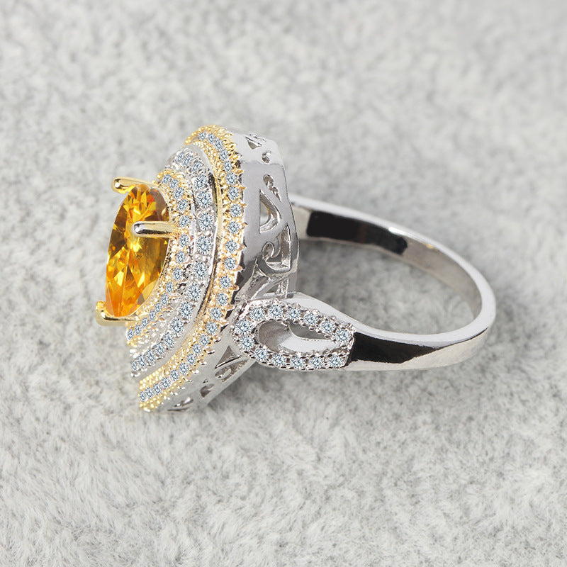 Wish Hot Europe and America Exaggerated Ring Water Drop Diamond Foreign Trade Classic Zircon Yellow Diamond Wedding Diamond Ring