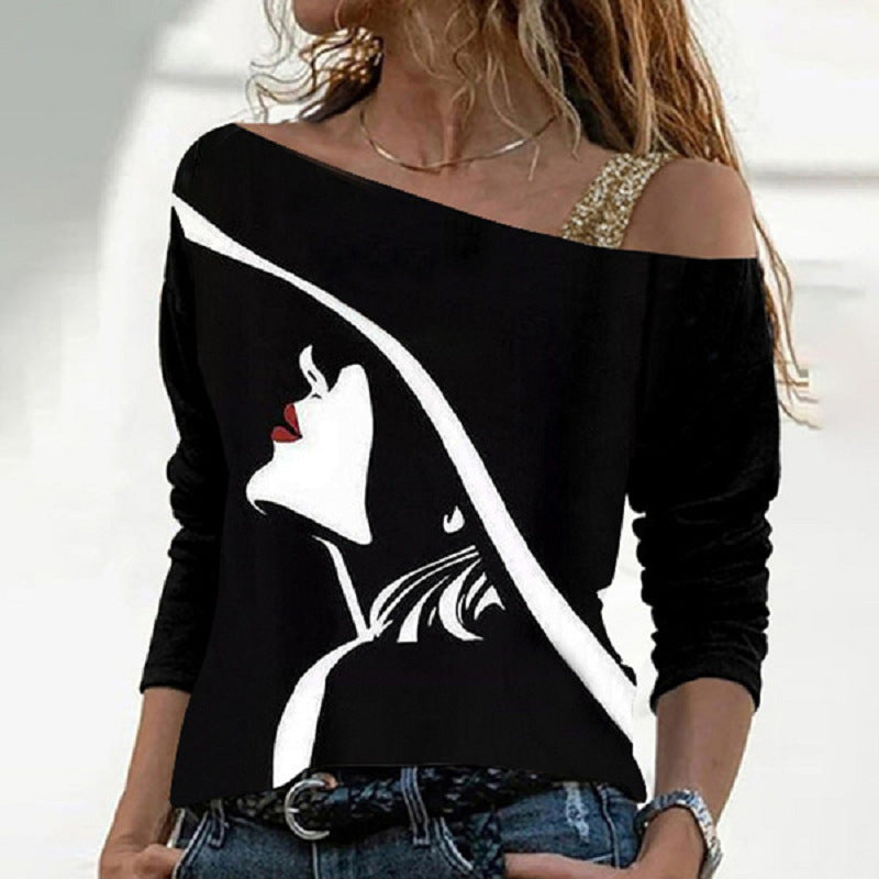 Fashion Print Stitching Oblique Shoulder Long-Sleeved T-shirt