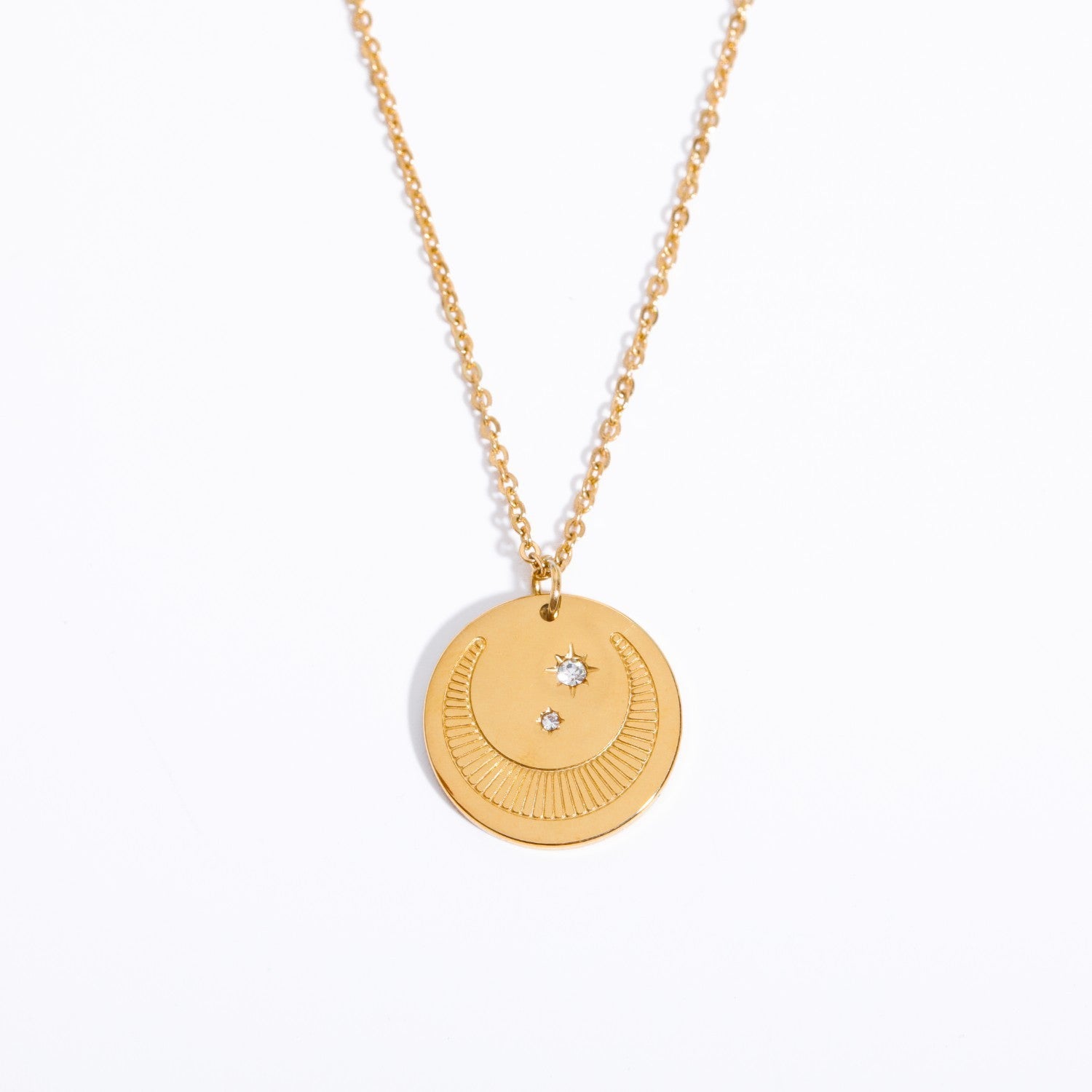 Three-Dimensional Sun Moon Round Coin Zircon Necklace