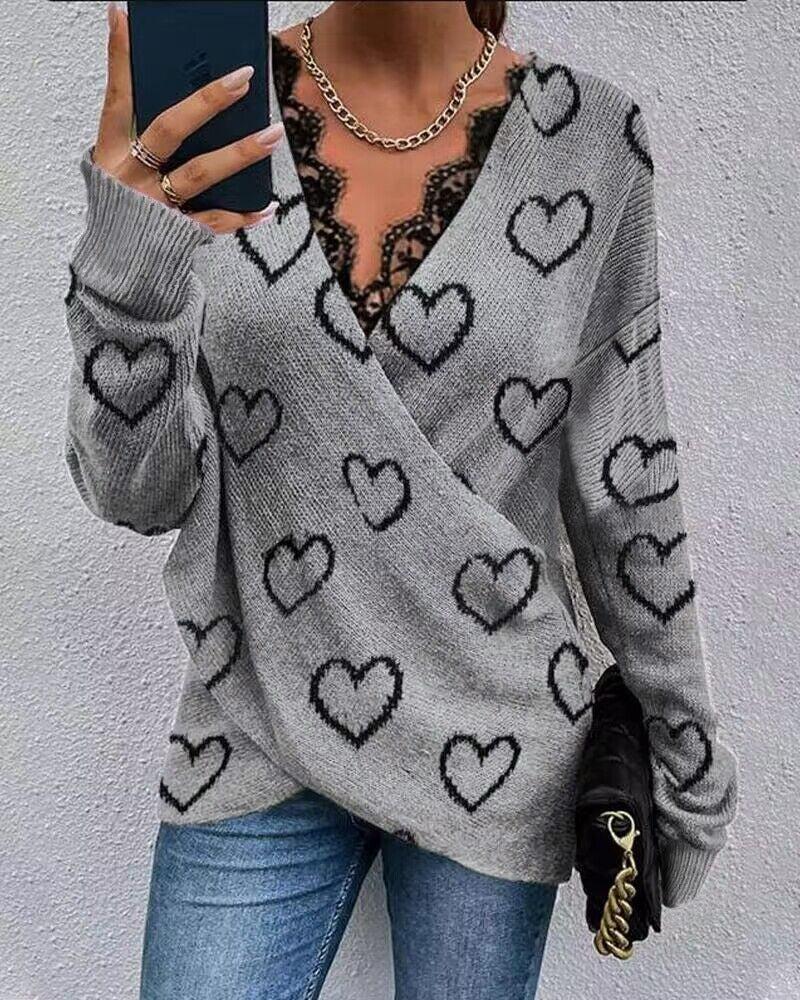 Lace Stitching Printed Long-Sleeved Top